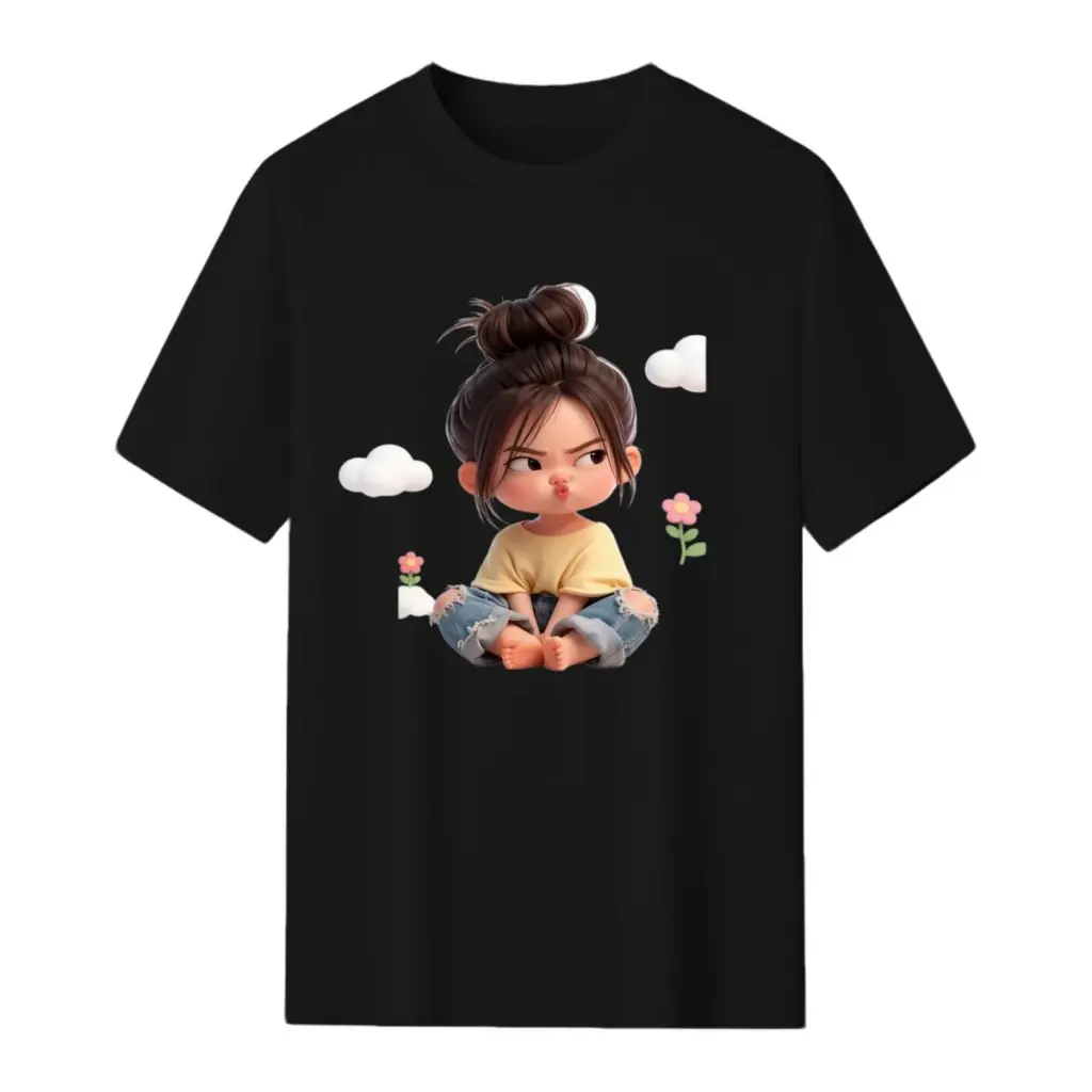 Women's Premium Cotton Crew Neck Graphic T-Shirt - Short Sleeve, Elastic, Comfortable, Blush Pink Aesthetic, Cloud Motif, Graphic Print, Beach Casual Sports Top, Machine Wash, Spring Vibes