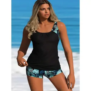 Two Piece Women's Swimsuit Printed Slim Swimsuit - High Waisted Women's Swimsuit, Floral/Tropical Print, UPF 50+ Sun Protection