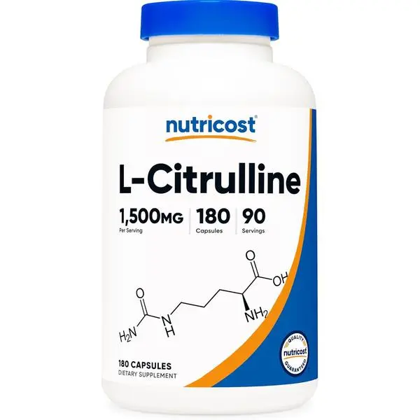 Nutricost High Quality L-Citrulline Dietary Supplement - US Made, 750mg Per Capsule (1500mg Serving), 180 Capsules, Gluten Free, Non-GMO - Packaging May Vary, Gmo Free, Stearic Acid.