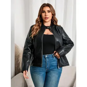 Women's Plus Size PU Leather Jacket, Street Style Biker Coat with Zipper Pockets, Fall & Winter Fashion Outerwear