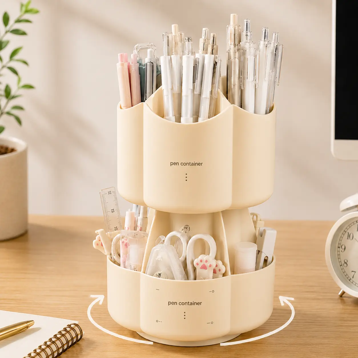 Rotating 2-Tier 9-Compartment Desk Organizer, Spinning Multi Slots Pen Holder, Desktop Stationery Storage Caddy for Home Office, Study Desk & Kids Art Craft Table