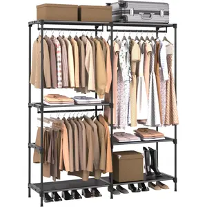 Clothing rack, portable wardrobe, 54.3inch large capacity wardrobe, clothing storage organizer with shelves and 3 hanging rods, easy to assemble, black
