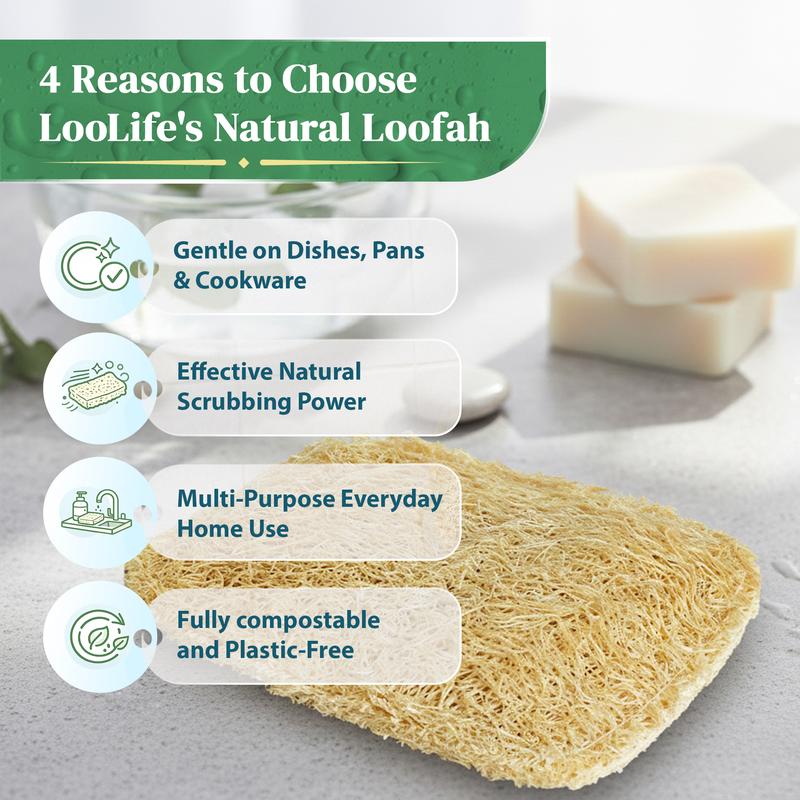 Natural Loofah Kitchen Sponge (3 Pack) - Natural Sponges for Dishes - Eco Friendly and Compostable Sponges - Plant Based Kitchen Dish Biodegradable Sponge