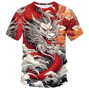 Unisex 3D Printed Red & White Dragon with Clouds & Waves T-Shirt, Perfect for Year of the Dragon Celebrations, Casual Daily Wear, Festival Parties, Ideal for Adults & Dragon Enthusiasts