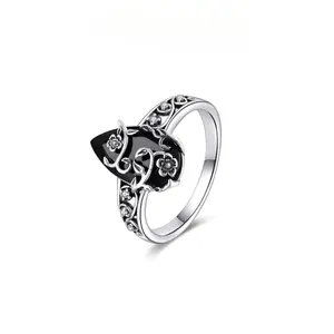 925  Silver Obsidian Ring with Floral Pattern Design, Synthetic Black Onyx and Flower Ring, Elegant Vintage, Hollow-out Flower Cubic Zircon Adjustable Size for Women, Mystery and Protection Spiritual Healing Jewelry for Girls for Daliy Wear