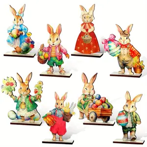 Easter Rabbit Design Wooden Ornament, 8 Counts/set Cute Rabbit Decoration with Unique Clothes and Accessories, Home Decor for Spring Holiday, Wedding, Picnic and Party