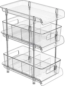 3 Tier Clear Bathroom Organizer with Dividers, Multi-Purpose Pull-Out Under Sink Organizer & Vanity Skincare Cosmetic Organizer, ABS Plastic Rack