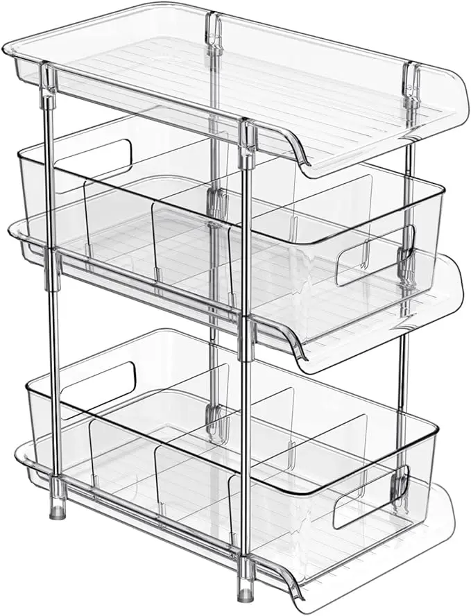 3 Tier Clear Bathroom Organizer with Dividers, Multi-Purpose Pull-Out Under Sink Organizer & Vanity Skincare Cosmetic Organizer, ABS Plastic Rack