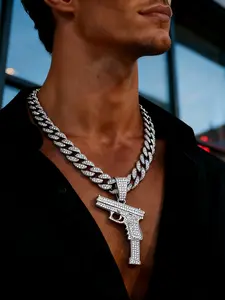 New Full Diamond Gun Alloy Pendant Trendy Unique Cuban Link Design Hip Hop Cross Border Necklace for Men Cuban Link Chain Jewelry