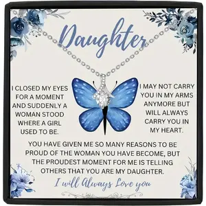 Elegant Blue Butterfly Pendant Necklace with Gemstones - Heartfelt Message for Daughter, Perfect Graduation, Valentine's & Christmas Gift in a Beautiful Gift Box