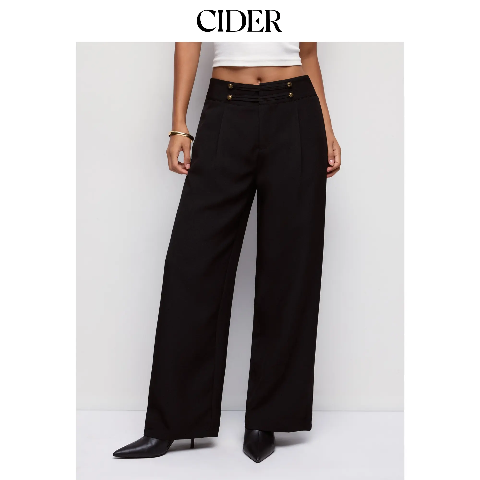 Cider Women's Low-Rise Pleated Metal Buttons Full-Length Pants, Stylish Women's Bottoms with Unique Button Detail