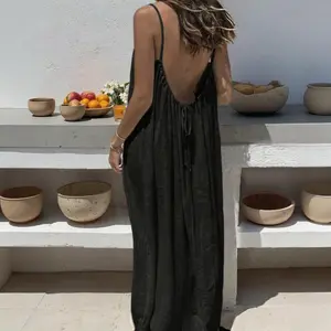 Women's Solid Color Cami Lounge Dress, Elegant Sleeveless Long Dress for Summer, Ladies Sleepwear for Indoor Wear