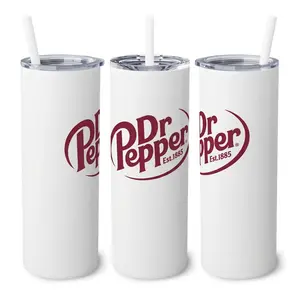 Dr Pepper Inspired Tumbler - 20oz Stainless Steel Insulated Travel Cup with Straw, Retro Soda Logo Design, Durable Matte White Finish, Perfect Gift for Soda Lovers & Collectors, Keeps Drinks Cold