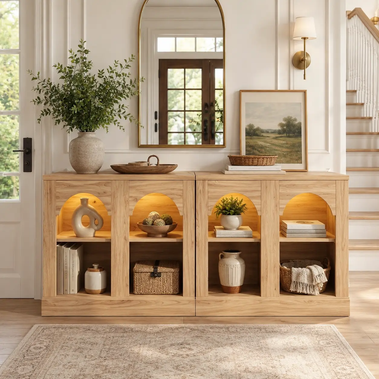 LED Light Arched Entryway Table, Farmhouse Console Table with Adjustable Shelves, Sofa Table Behind Couch, Sideboard Buffet Storage Cabinet for Entrance/Hallway/Living Rooms Entryway Cabinet