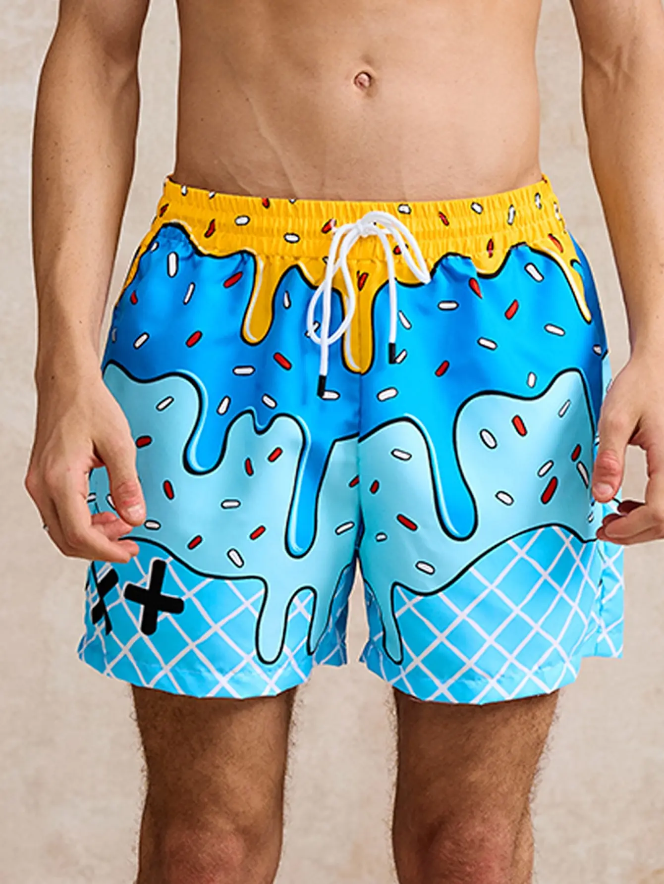 Cartoon Melting Ice Cream Sprinkles Waffle Grid Full Print Drawstring Elastic Waist Beach Swim Shorts Unisex Light Quick Dry Fabric Mid Thigh Loose Fit Summer Vacation Pool Casual Bottoms Menswear Menswear