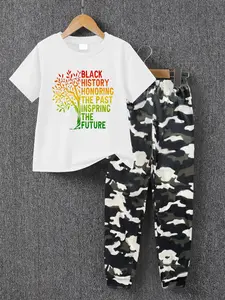 Boys' Summer Fashion Creative Letter Tree Print Casual Short Sleeve T-Shirt + Comfortable Camo Sweatpants Set, Boys' Clothing Gift