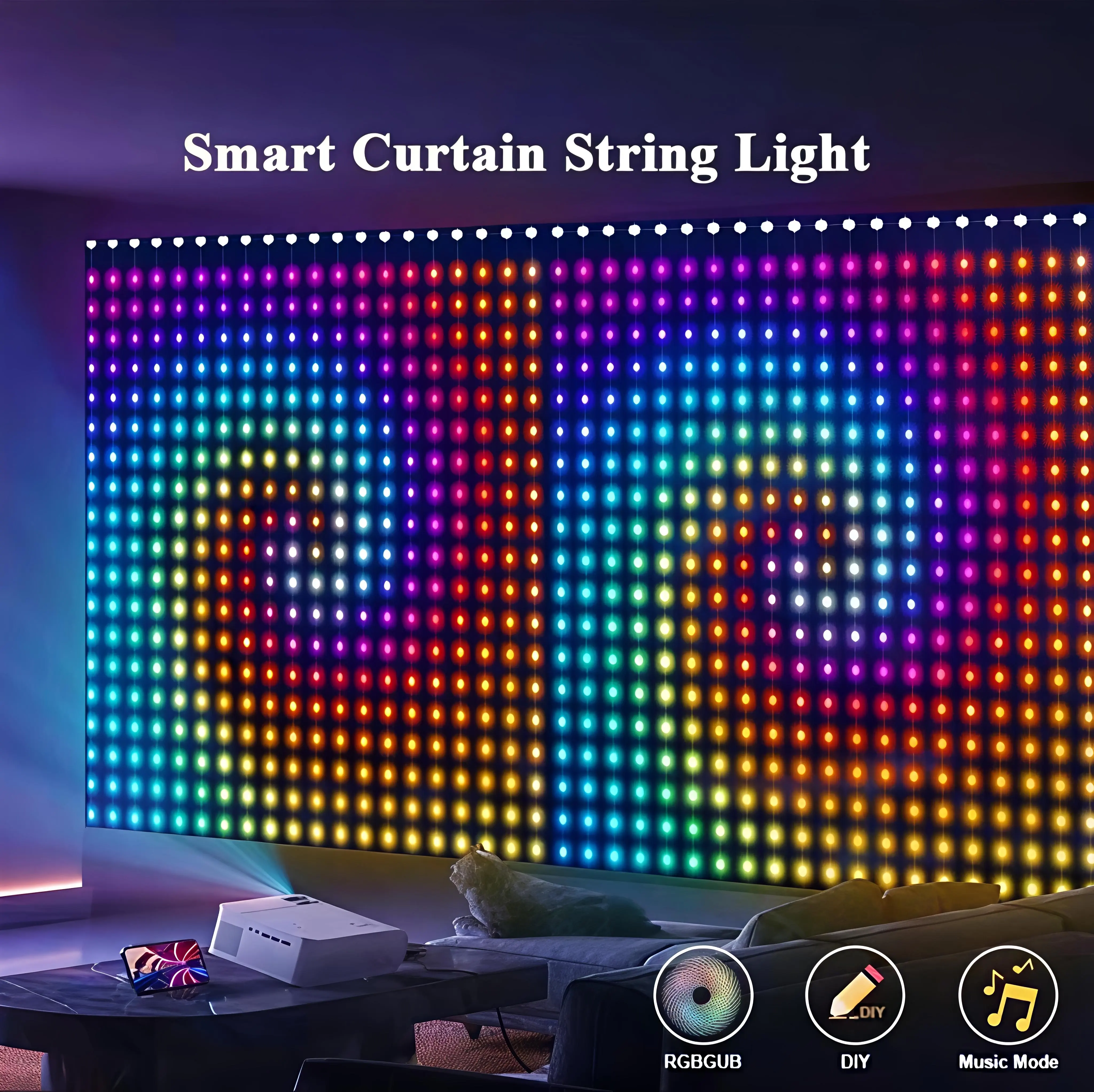RGB App-Controlled LED Curtain String Lights, Intelligent DIY Text & Pattern Twinkle Lights, Dimmable for Home Colorful Decor, Party & Festival Decorations