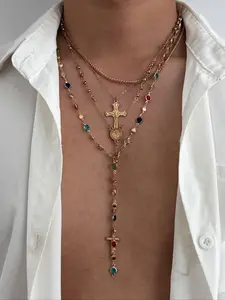 Vintage Metal Jesus Cross Y-Shaped Long Necklace Set, Statement Necklace, Boho Style Colorful Crystal Pendant Necklaces for Men, Ideal Gift for Friends