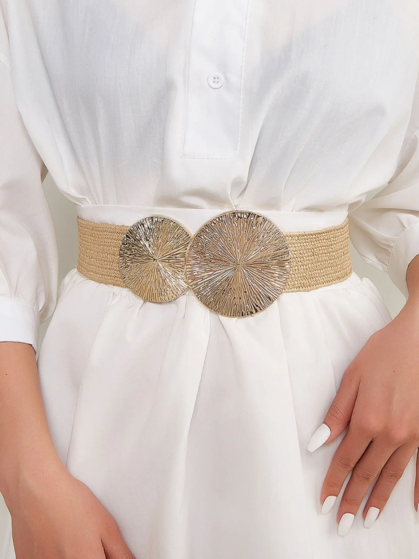Spring Summer Boho Vintage Metal Buckle Woven Belt, Wide Waistband, Fashionable PP Grass Material, Women's Belt for Pants & Dresses, Trendy Exquisite Belt, Statement Belts, Versatile Usage, Boho Style Belt