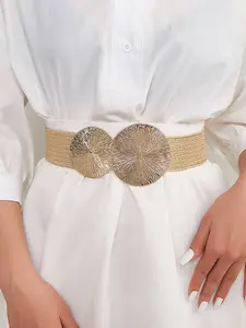 Spring Summer Boho Vintage Metal Buckle Woven Belt, Wide Waistband, Fashionable PP Grass Material, Women's Belt for Pants & Dresses, Statement Belts, Versatile Usage