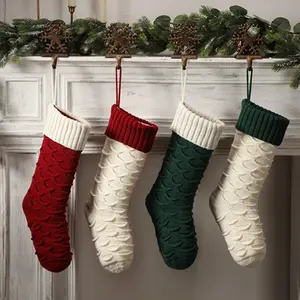 Farmhouse Style Jumbo Knit Christmas Stocking - 18 Inch Extra Large! Fish Scale Texture for Fireplace/Mantle Decor, Super Strong Knit (Holds Gifts, Candy, Fruits) - Cream White Brown Color Scheme – Ideal for Cozy Winter Home & Holiday Gift Giving