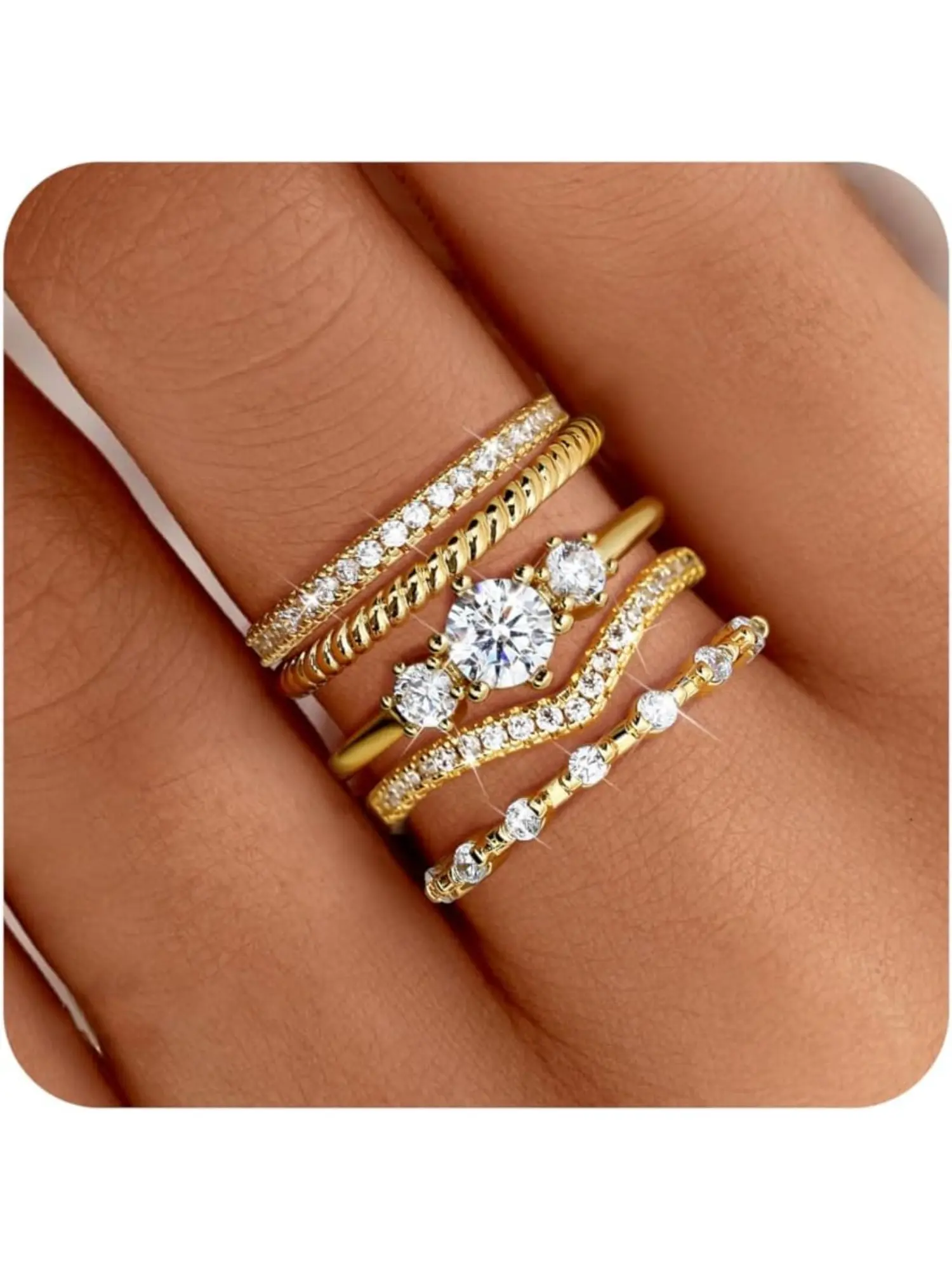5 Pcs Stackable Rings Set for Women, 14K Gold Plated Minimalist Non-Tarnish Cubic Zirconia Rings, Dainty Fashion Statement Design, Size 5-10