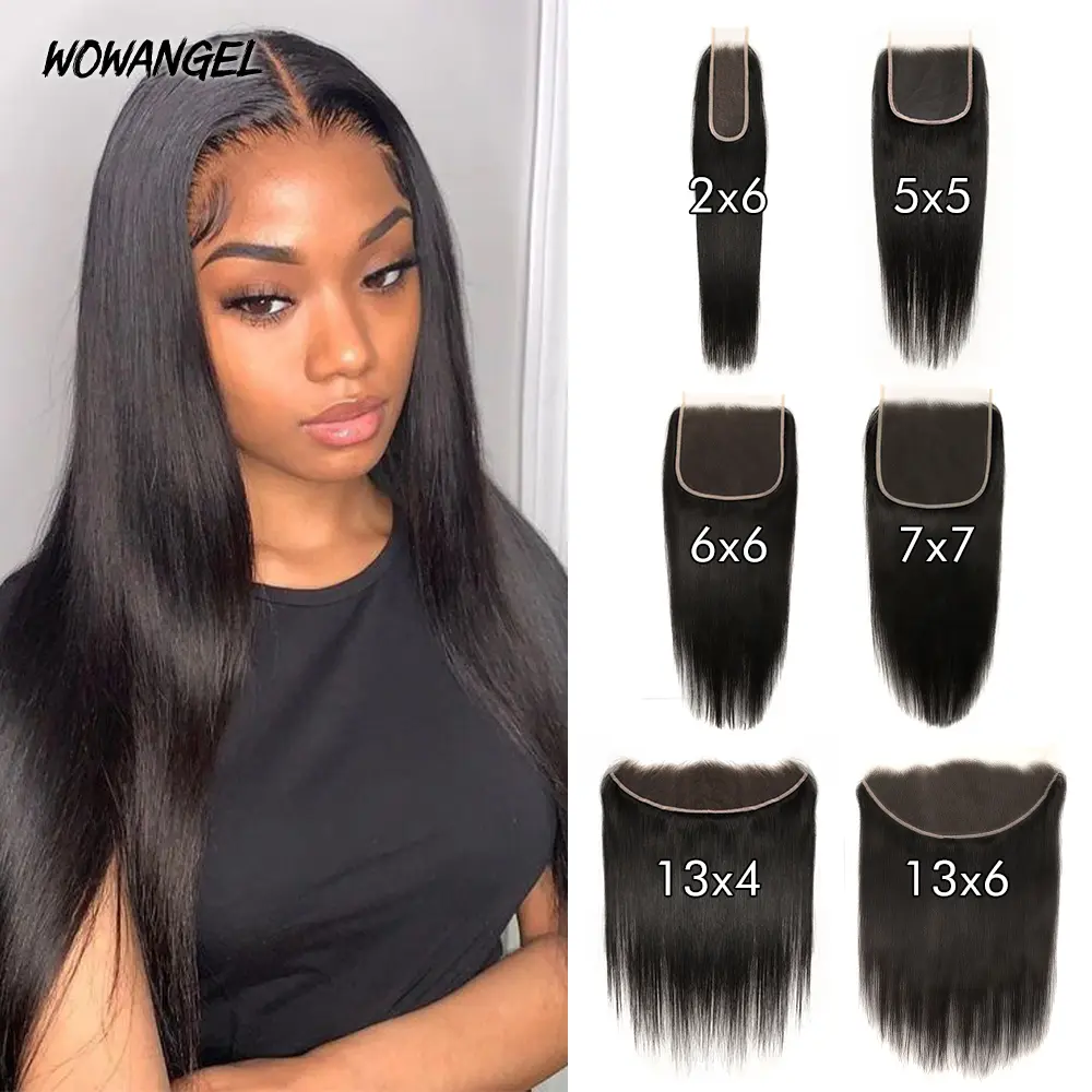 WOWANGEL 2X6/5X5/6x6/7X7/13X4/13X6 Skinlike Real HD Lace Closure/Frontal Straight Real Virgin Human Hair Body Wave 16 Inch Closure/Frontal Only Ultra-thin 0.1mm Invisible HD Lace Pre Plucked Pre Bleached Single Knots Natural Black Color 14 Inch  For Woman