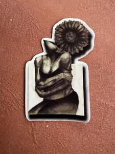 “ Let Me Grow please” Sunflower Girl Sticker – Dark Art Botanical Vinyl Sticker, Charcoal Drawing, Sad Girl, Surreal Plant Woman growth