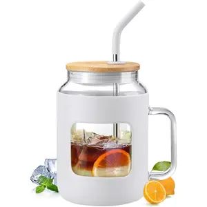 50 oz Glass Water Bottles with  Sleeve,Glass Tumbler with Lid and Straw,Iced Coffee Cup with Handle,-White