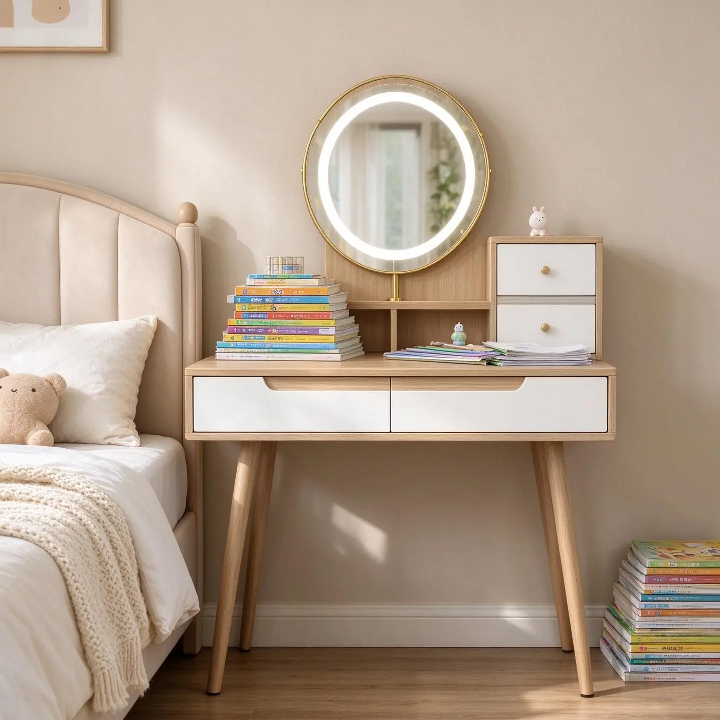 2-in-1 Makeup Vanity & Writing Desk with Rotatable LED Mirror, Storage Drawers, Multifunctional Dressing Table for Bedroom & Study Room
