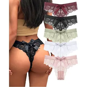 G-String Thongs for Women T-back Lace Hollow Out Thongs Sexy Low Waist Underwear Panties 5 Pack