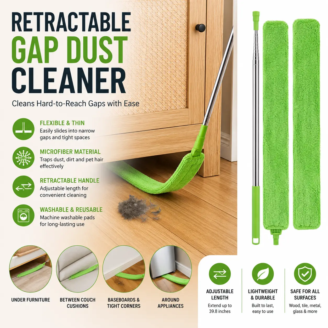 Retractable Gap Dust Cleaner with Long Handle Duster Head, Flat Under-Appliance Cleaning Tool for Tight Spaces, Hard-to-Reach Household Gaps, Long Handle Dusters/Duster Heads