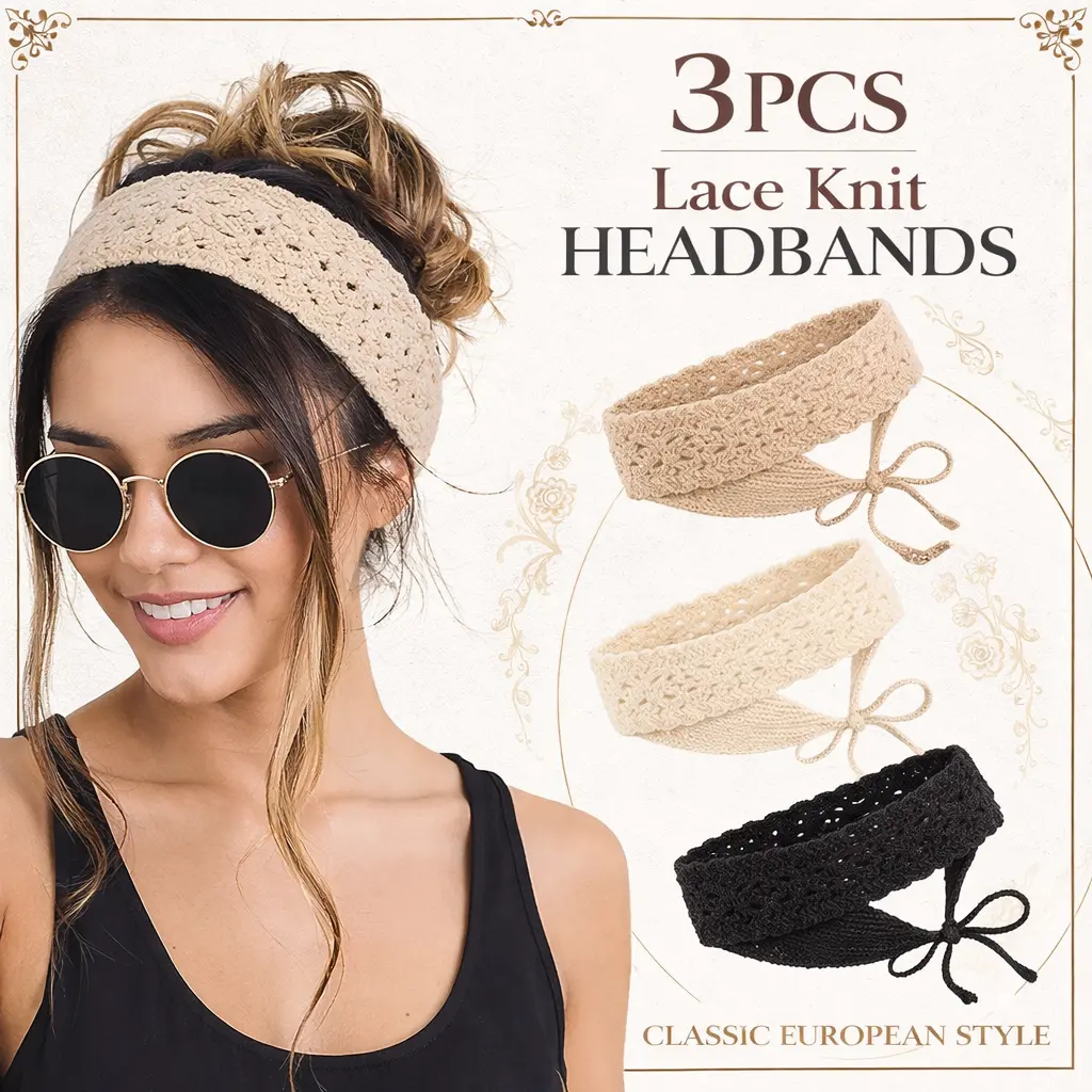 Women's 3pcs Stretchy Elastic Handmade Yarn Knit Elastic Fashion Headbands - Adjustable Boho Wrap Style Floral Fabric Head Wraps - Black, Beige, Coffee - Soft On Skin, Ideal for Daily Wear, Yoga - Excellent Gift for Women and Girls