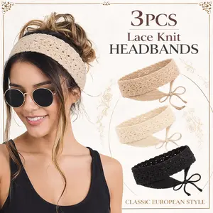 3 Pack Knit Headbands for Women – Boho Floral Hair Bandanas, Stretchy Hippie Head Wrap – Black, Beige, Coffee – Perfect for Daily, Yoga, Travel
