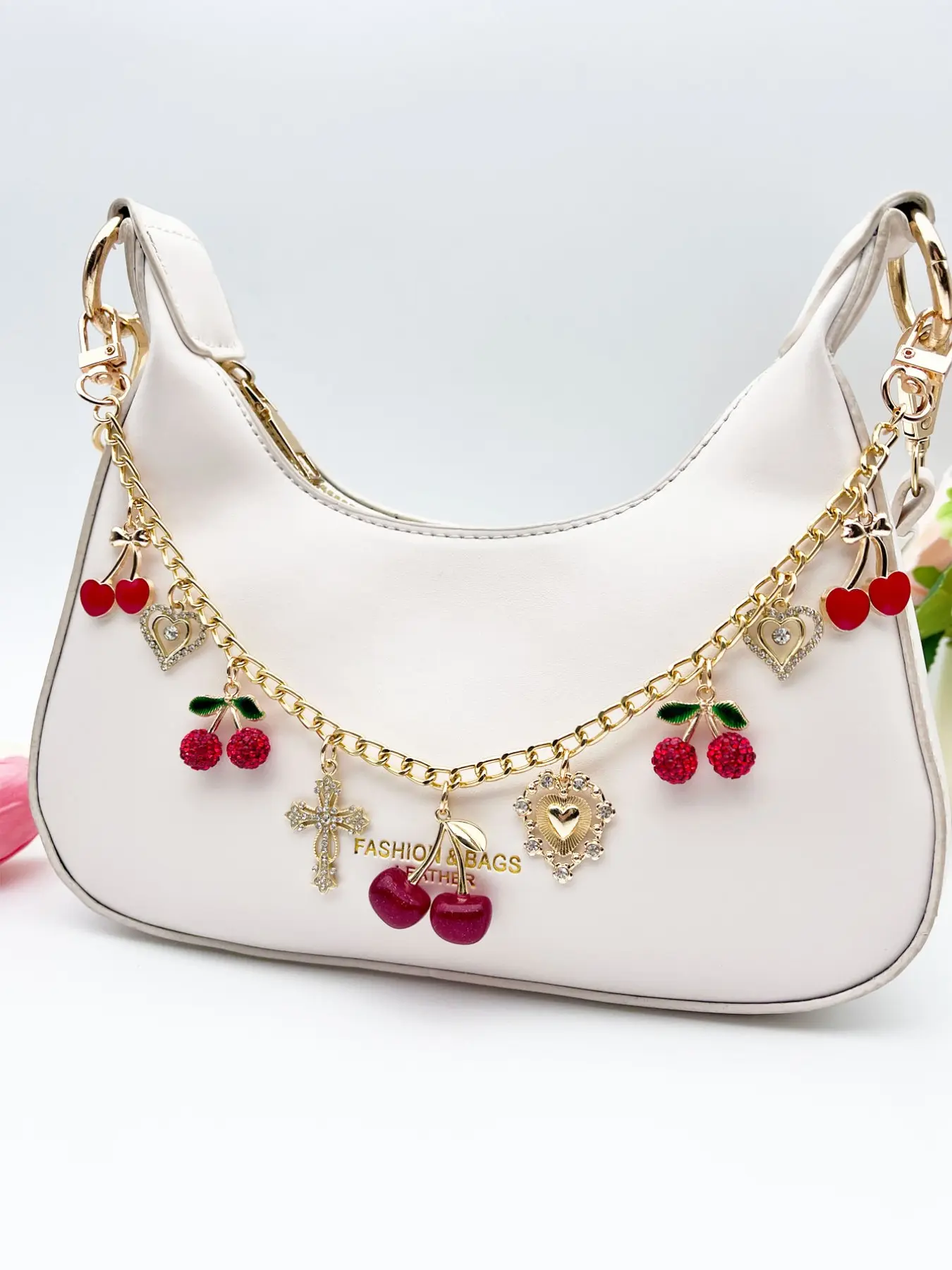 Elegant Cross Cherry Keychain, Heart Cherry Bag Charm, Rhinestone Cherry Pendant, Fashionable Travel Accessory, Holiday Gift, Room Decor, Keychain for Bags