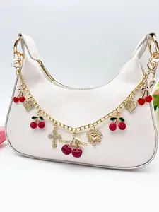 Elegant Cross Cherry Keychain, Heart Cherry Bag Charm, Rhinestone Cherry Pendant, Fashionable Travel Accessory, Holiday Gift, Room Decor, Keychain for Bags
