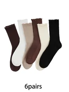 6 pairs of Retro Vertical Stripe Wood Ear Medium Crew Socks - Sweet and Cute Girls' Comfortable Chunky Socks, Perfect for Women's Casual and Versatile Wear