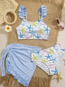 Blue White Stripe 3-Pc Bikini Set - Independence Day Swimsuit with Mesh