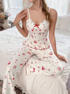 Women's Cherry Print Sleepwear Loungewear Set, Lace Trim Sleeveless Top and Long Pants, Comfortable Sweet Pajama Nightwear, Perfect for Relaxing at Home