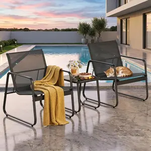 Gizoon Patio Chairs Set of 2, Patio Fumiture Set with Metal Fframe Glass Table, Outdoor Chairs Set of 2 for Balcony Bistro Table and Chair Set for Lawn, Black