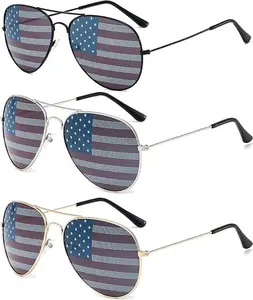 Lacholin USA Flag Full Rim Alloy Aviator Sunglasses 3-PCS Set, Unisex Patriotic Eyewear, Women's Sunglasses with UV Protection, Daily Wear National Pride Fashion Accessories