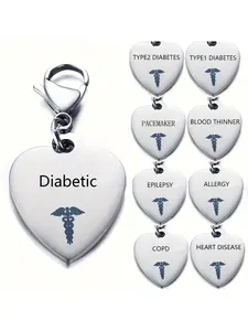 Unique Heart-Shaped Stainless Steel Medical ID Pendant Keyring - Engraved with Diabetes Type 1 & 2 Symbol, Ideal Gift for Men with Diabetes, Hypoallergenic, Durable, and Easy to Clean