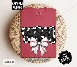 Mama Baseball Bow Comfort Colors T-shirt, Baseball Mom Shirt, Baseball Mama Tee