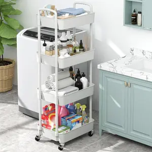 Four-Tier Storage Rack, Easy Classification and Organization, Wheel-Enabled Mobility, Functional Push Cart for Office, Living Room, Kitchen, Balcony