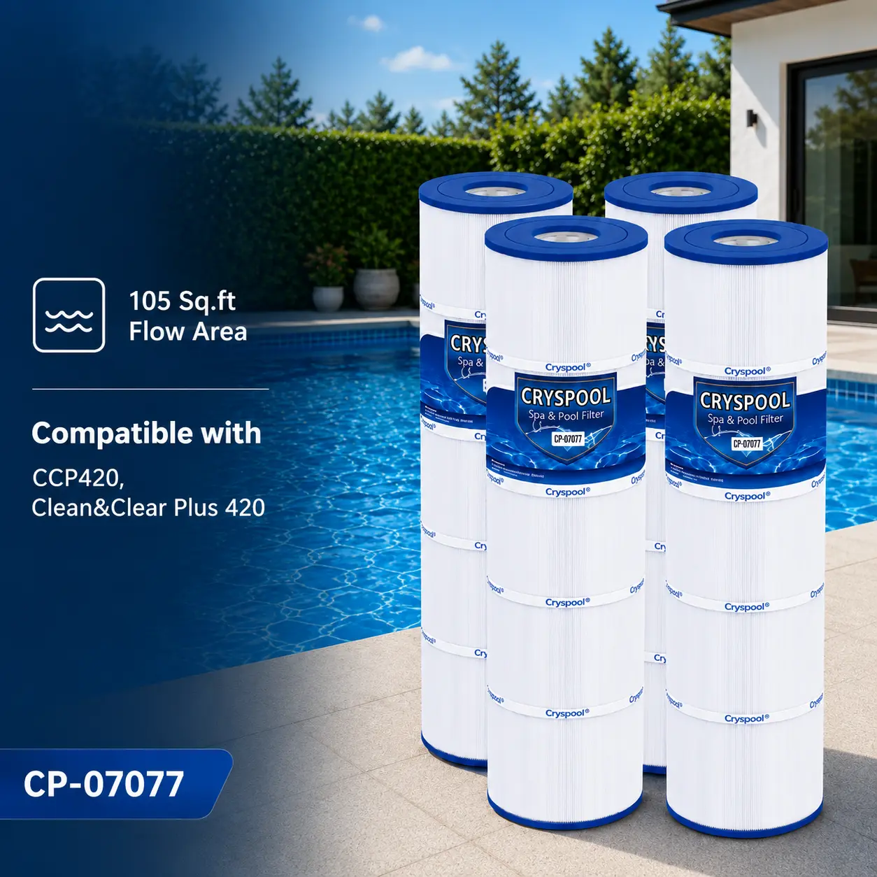 CCP420 Filter Compatible with Clean and Clear Plus 420, CCP420, R173576, PCC105-PAK4570-0425-07, C-7471, 178584, FC-6470, 817-0106, Cryspool 105sq.Ft Pool Filter Cartridges, 4 Pack