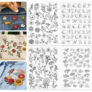 4 Sheets Stick and  Embroidery Patterns, 8.5"x11" Water Soluble Embroidery Stabilizer Paper, Wash  Sewing Stabilizers Pre-Printed Floral, Letter for Hand Sewing Lover Beginners