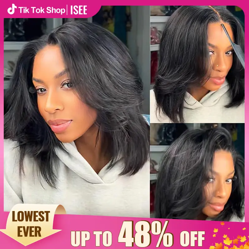 ISEE HAIR Wear Go 9x6 T-Part Layered Cut Bob Yaki Straight Wig Glueless Human Hair–Drawstring Lace Frontal Wig Pre-Cut & Pre-Bleached & Pre-Plucked Hairline & Deep Part Beginner Friendly Summer Hairstyles#SoHoChic#TikTokShopBackToSchool