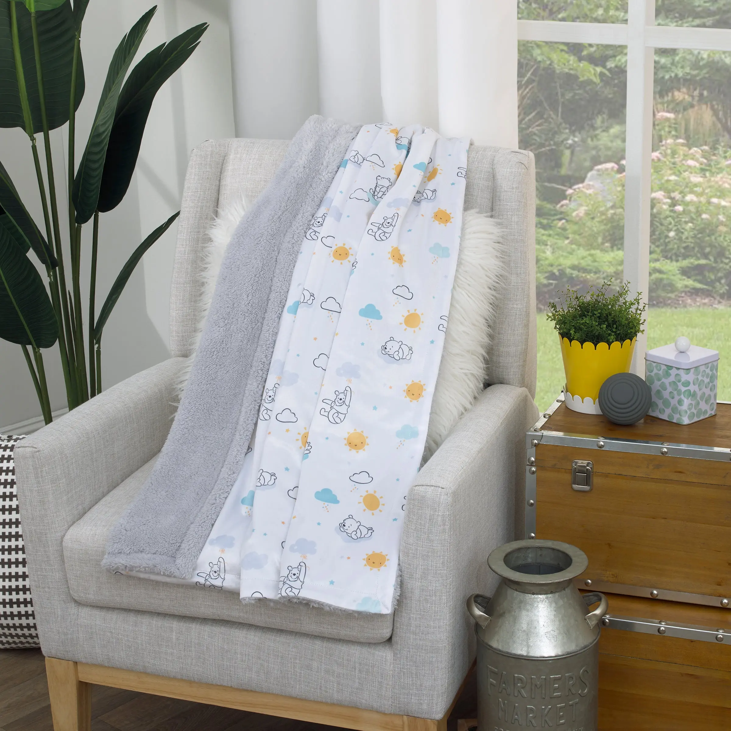 Disney Winnie the Pooh White, Yellow, and Aqua Sunshine and Clouds Super Soft Velboa with Sherpa Back Baby Blanket