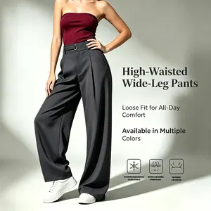Women’s high-waisted pleated wide-leg trousers, D-ring buckle draped formal/casual suit pants, high-waisted flowy wide-leg dress pants, adjustable D-ring waist pleated casual/formal trousers