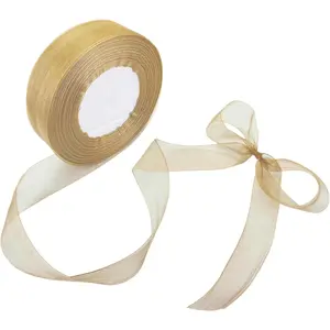 1 Inch 50 Yards Sheer Organza Chiffon Ribbon for Gift Wrapping Wedding Bouquet Crafts (Gold)